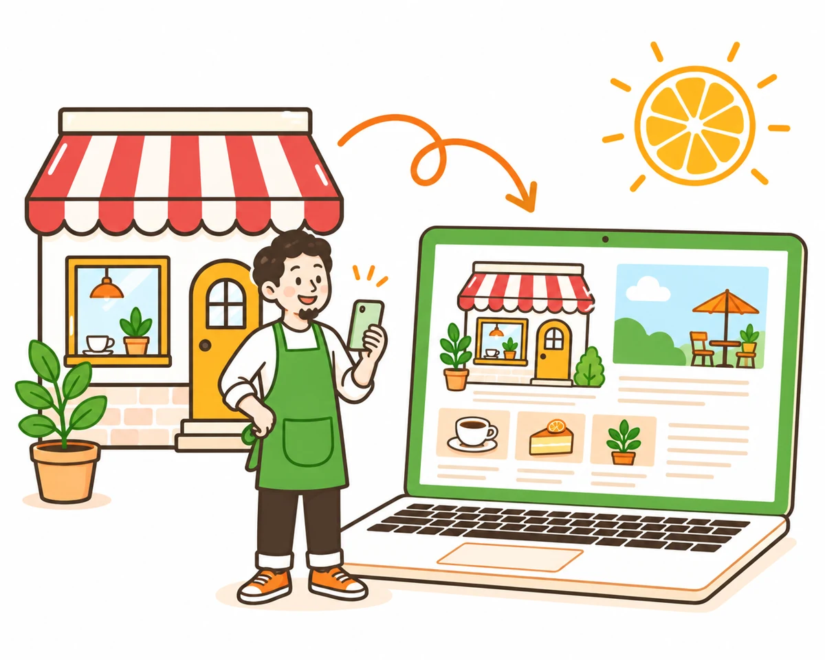 小さなお店の魅力が、ホームページへつながるイラスト
